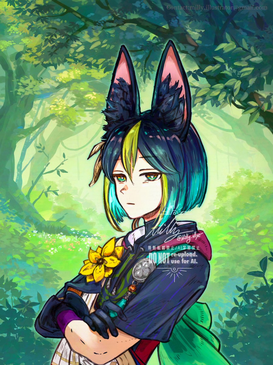 ティナリ誕生日おめでとう！！！幸せに過ごしてくれーーーー！！！！
君の素敵なジト目が大好きです！！！！！

 #ティナリ生誕祭2025
 #Tighnari
#原神男子の呆れ顔からしか得られない栄養がある