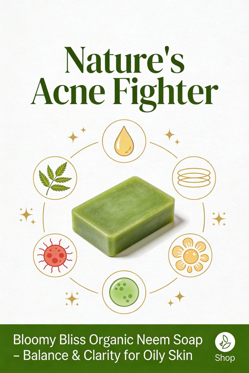 BlissBloomy's tweet photo. Acne-prone & oily? Wondering if natural really works? Bloomy Bliss Organic Neem Soap fights bacteria, soothes inflammation, balances oil. All without harsh chemicals by the way! Users see clearer skin in weeks! ✨
Try it now, from link in the bio. What's your skin struggle? Reply below! #OrganicSkincare #AcneFree
