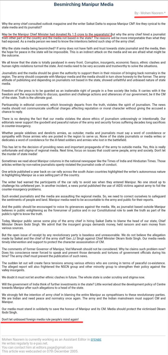 JShakurB's tweet photo. 📍The real cancer eating away at India's NE are not external enemies, it's homegrown secessionists sympathizers & Fifth Columnist Parasites like @laimacha.
In Naorem's twisted worldview, New Delhi & Indian media are the Foreign Media, while separatists waging war against India are the legitimate "sons of the soil" & secessionist sympathizers funneling crores to fuel that separatist movement are homegrown heroes.

📌 His secessionist leanings was glaringly evident from his shameless defense of the former Manipur CM's seditious act of funneling crores to fuel Meitei secessionism, siphoning off public money to bankroll the terror network hell bent on tearing Northeast from the rest of India.

📍The most damning proof of this traitor-in-ink loyalties is revealed by his deliberate, contemptuous dismissal of India's national media as "Foreign Media." 
When a self proclaimed "journalist" from Manipur labels his own country's i,e Indian media as foreign, he reveals his true allegiance, not to the nation, but to the very separatist forces determined to fracture India's Northeast.

📍This is not journalism, this is sedition dressed in regional pride. Naorem & his ilk are the real fifth columnists, poisoning the Northeast from within, shielding traitors & mocking the very idea of Indian unity.
Naorem isn't defending Manipur, he's championing Meitei Secessionism.
These closeted secessionist sympathizers & terror cheerleaders deserve nothing less than total exposure & utter disgrace.

⚠️ No journalist worth his or her salt would treat their own country's press as an alien enemy.
Naorem has chosen his side. Now the rest of India must see him for what he is, a traitor in ink, a cheerleader for chaos & one of the gravest threats to the integrity of the Northeast.
Pick your poison. Each one drives the nail deeper into the coffin of his credibility.

@IndiaTodayNE @pressfreedom @HMOIndia