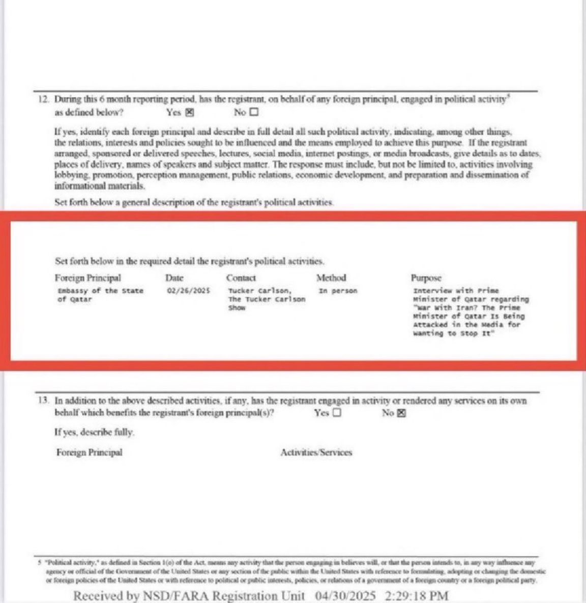 FARA filing shows Qatar paid to set up Tucker Carlson’s interview with its Prime Minister — complete with pre-approved talking points on Iran.