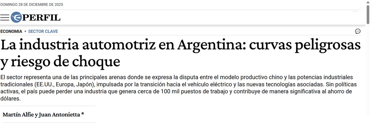 Escribimos hoy en <a href="/perfilcom/">Perfil.com</a> junto a <a href="/jmantonietta/">Juan Manuel Antonietta</a> sobre los desafíos de la industria automotriz argentina:
1) cambios globales, ascenso chino 🇨🇳
2) la respuesta de países en desarrollo (ej. Brasil 🇧🇷)
3) los riesgos de la inacción argentina
Resumen 🧵👇
perfil.com/noticias/econo…