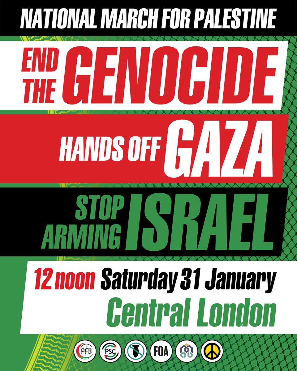 The next national march for Palestine takes place on Saturday 31 January. 

⏲️ Assemble 12 noon
📍 Central London

More details TBA!