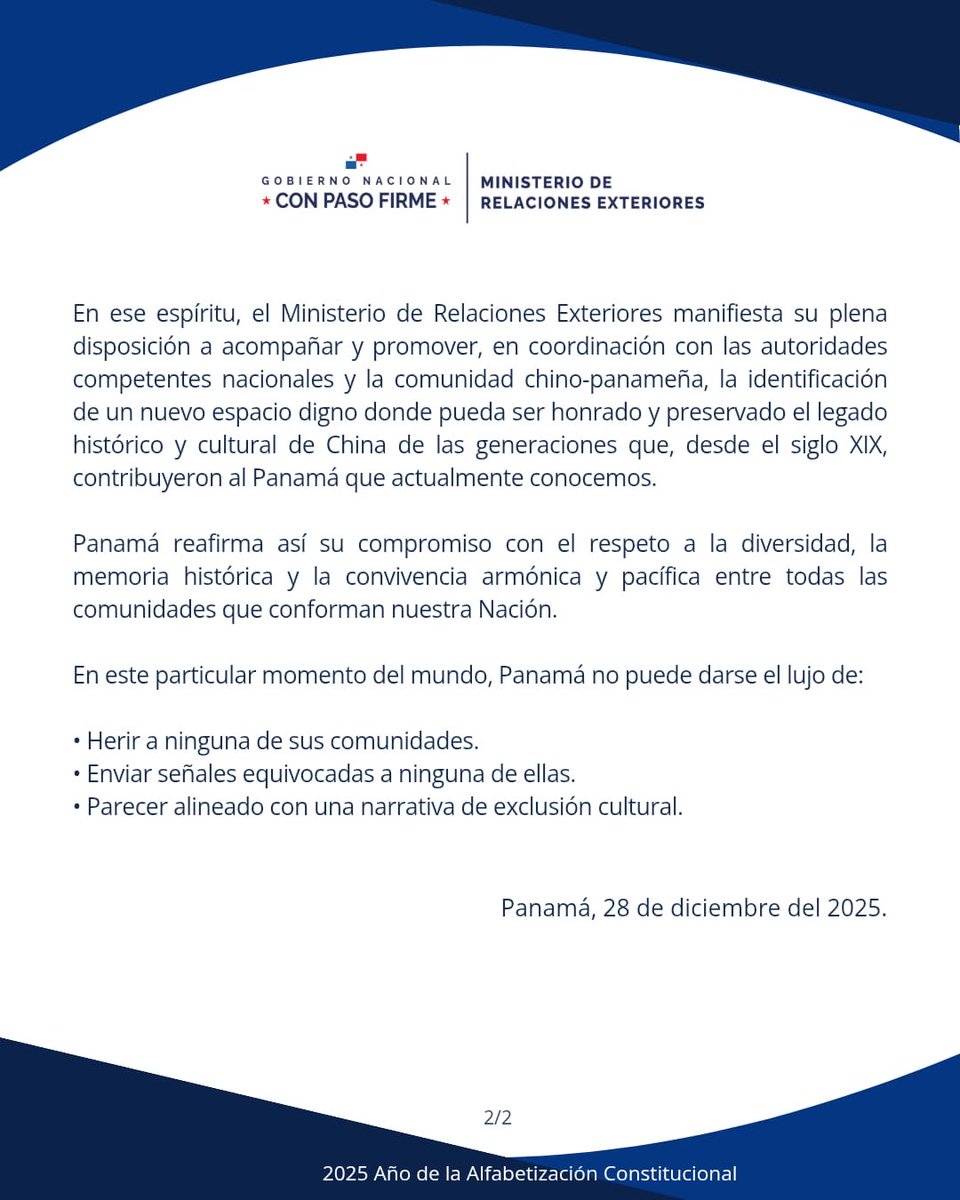 •Comunicado oficial• El Ministerio de Relaciones Exteriores de la República de Panamá expresa su respeto y consideración a la comunidad chino-panameña, cuya presencia, trabajo y aporte han sido parte esencial de la construcción de nuestra Nación desde hace más de 170 años.
