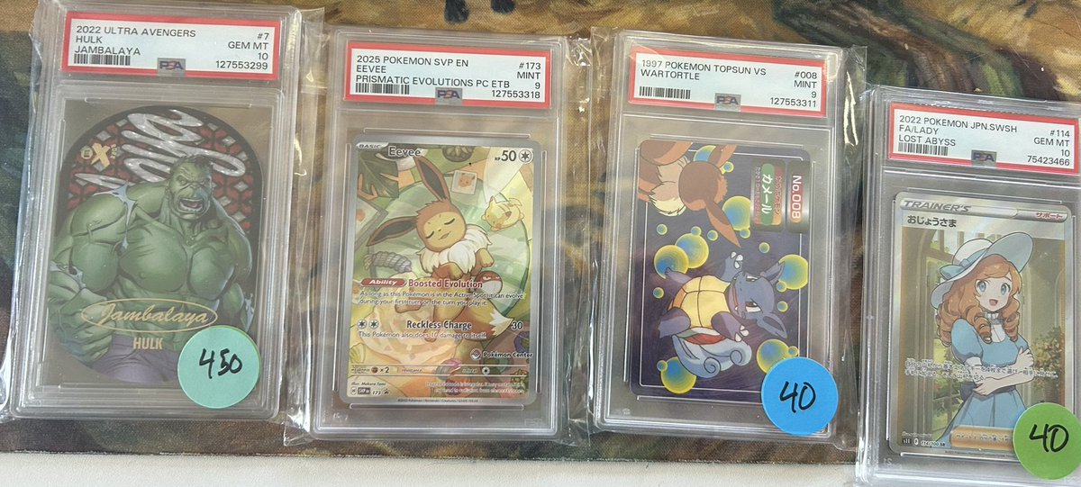 wrongholesilly's tweet photo. Update on what’s left

Gengar sar 300
Canari 20 

Eevee PC promo 60
Wartortle 35
Lady 40

Hulk 350

Celebrations master set 950 

RT appreciated https://t.co/Xoiptl5l0n