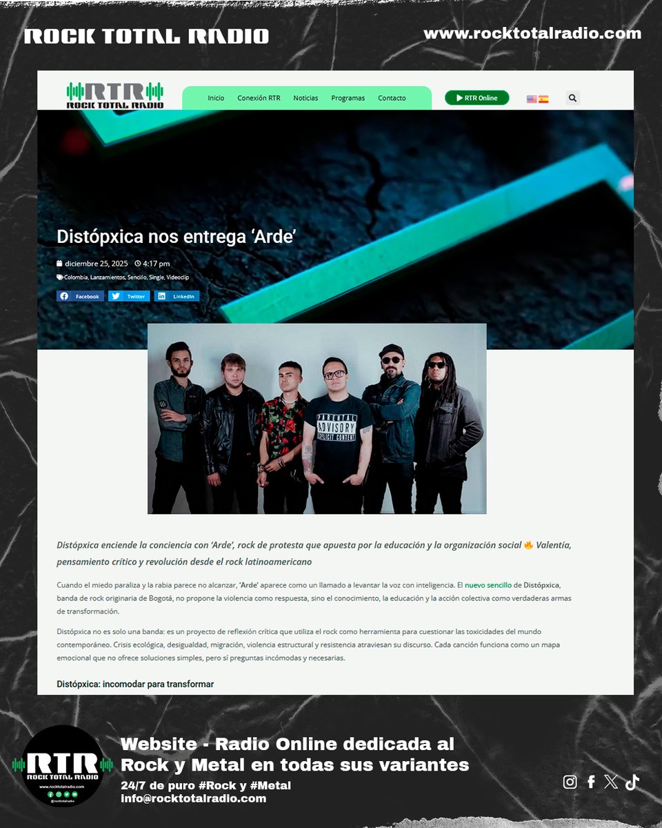 🔥 Distópxica enciende la protesta con ‘Arde’: rock, crítica social y educación como arma.
·
👉 rocktotalradio.com/distopxica-ard…
·
#RockTotalRadio #Distópxica #Arde #RockLatino #RockColombiano