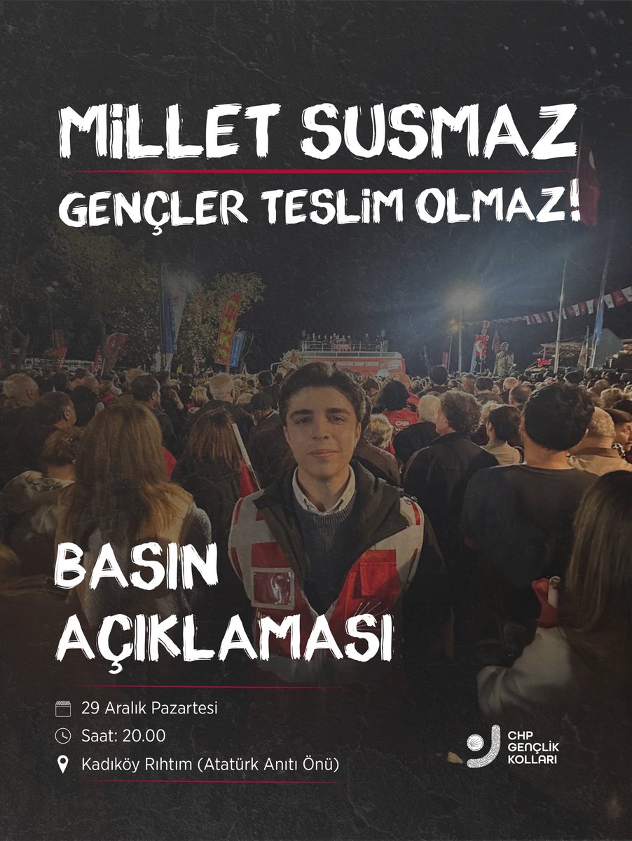 Millet susmaz, gençler teslim olmaz!

Kadıköy’de asgari ücreti protesto ettiği için tutuklanan Gençlik Kolları İlçe Yöneticimiz Bilge Kağan Şarbat ve hakkı yenen tüm emekçilerimizin sesini yükseltiyoruz.

📍Kadıköy Rıhtım 
(Atatürk Anıtı önü)
🗓️29 Aralık Pazartesi
⏰20.00