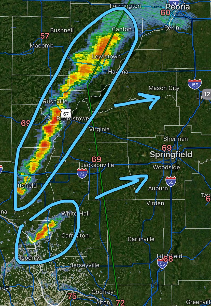 ChicagoMWeather's tweet photo. A linear QLCS may unfold as the main line nears the I-55 corridor near Springfield, IL. The southern supercell appears more isolated and could develop tornado potential later. Stay alert, monitor warnings, and seek shelter if storms approach. #ILwx #SevereWeather #StormUpdates #PublicSafety