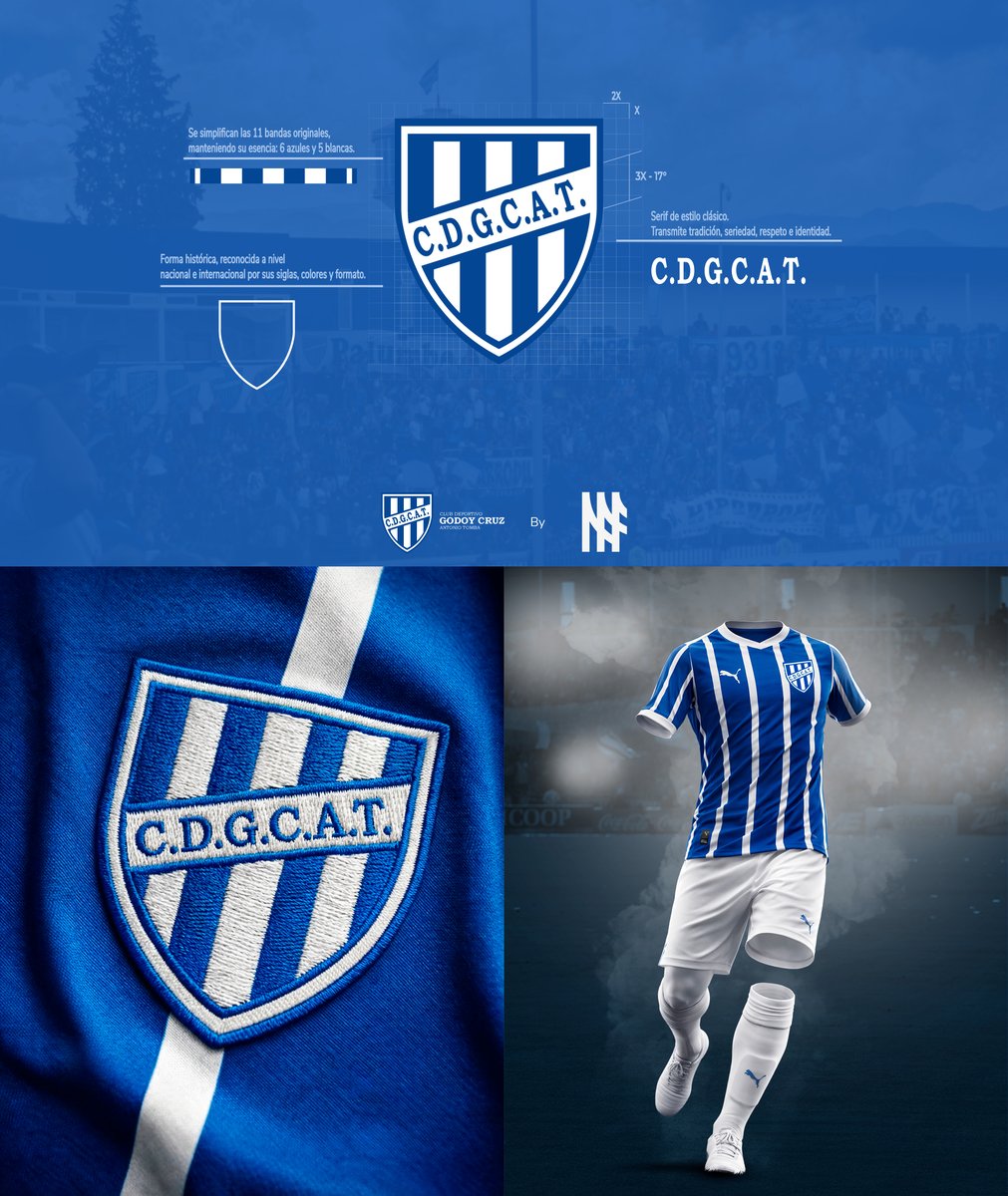 Últimos retoques a mi propuesta de escudo para Godoy Cruz. Tenemos un escudo demasiado lindo como para opacarlo con el círculo. 

Es momento de volver a las bases. En esta versión simplifiqué las bandas verticales, la tipografía y la simetría para que se vea más limpio y clásico.