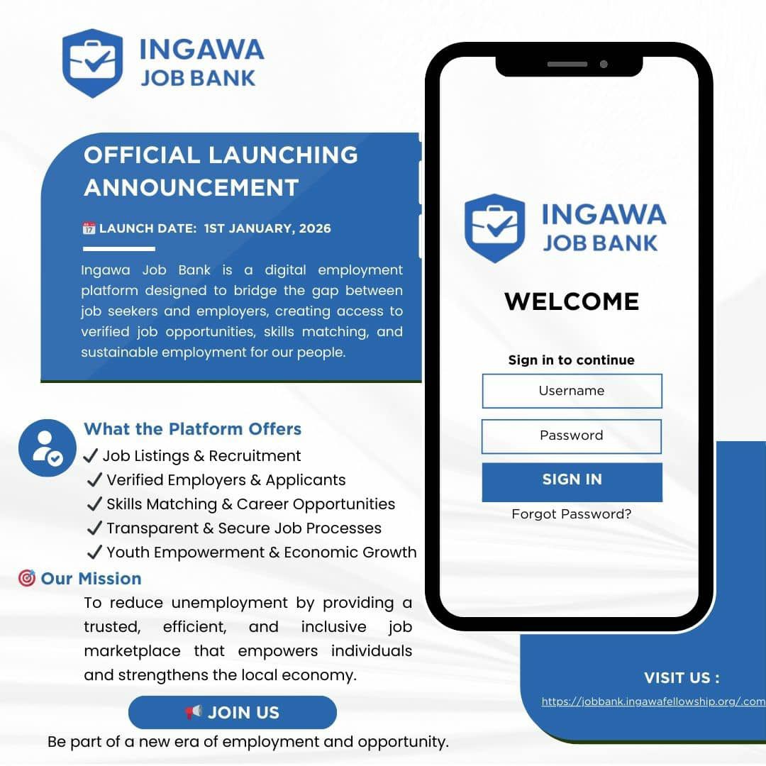 MSIngawa's tweet photo. ANNOUNCEMENT  ALERT

INGAWA JOB BANK – OFFICIAL LAUNCH

Earlier today, during the Ideas and Data Global Academy Award Ceremony, we officially unveiled the Ingawa Job Bank, a digital employment platform created to connect job seekers with verified employers and unlock sustainable job opportunities.

Launch Date: 1st January, 2026

Ingawa Job Bank is designed to bridge the gap between talent and opportunity by providing a secure, transparent, and efficient job marketplace. The platform promotes skills matching, fair recruitment, and inclusive access to employment opportunities, with a strong focus on youth empowerment and economic growth.

What Ingawa Job Bank Offers

-Job listings and recruitment opportunities
-Verified employers and job applicants
-Skills matching and career development pathways
-Transparent and secure hiring processes
-Support for youth employment and local economic growth

After the launch, job seekers can register, select interests and on notification to be alerted once opportunities are posted. 

The platform will also give employers opportunities to directly post job openings for potential job seekers. 

It is aimed at reducing unemployment by providing a trusted, efficient, and inclusive job platform that empowers individuals and strengthens the local economy.

Visit: https://t.co/JVU9aZhKgL

See you soon!