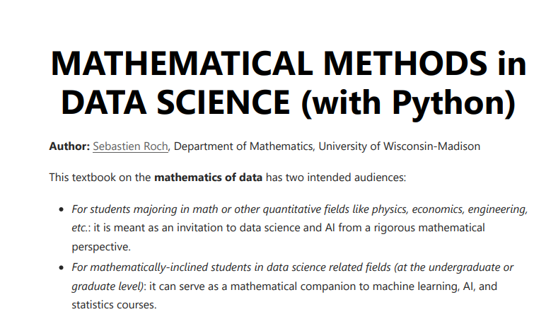 Riazi_Cafe_en's tweet photo. "Mathematical Methods in Data Science (with Python)" by Sebastien Roch  

https://t.co/iekfasixP7 https://t.co/JfM4MxGqtk