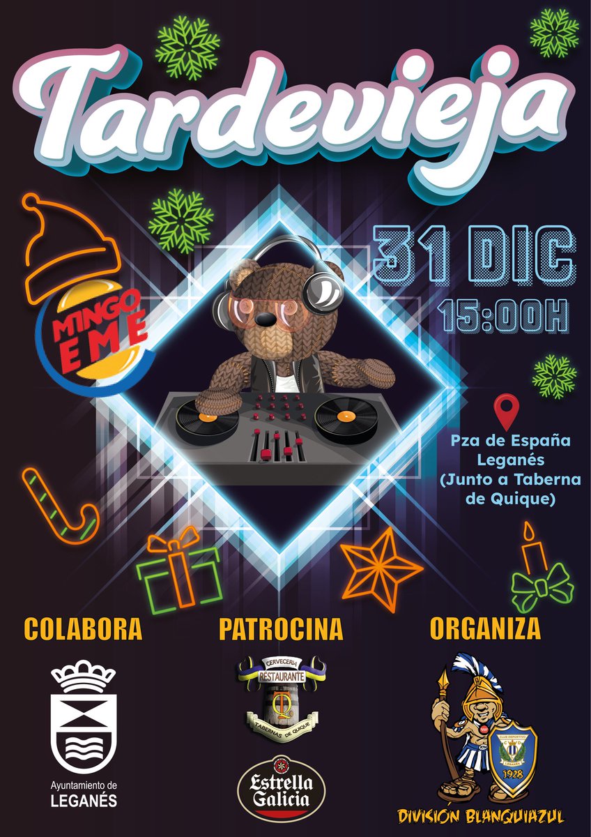 divblanquiazul's tweet photo. Otro año que no esperamos a medianoche… ⏰😬

🎉🍻¡TARDEVIEJA en Leganés! 🍻🎉

Musicón 🔊🔥, ambientazo 😎🎶 y muchas ganas de liarla desde por la tarde 💃🕺

📍 ¡Nos vemos este miércoles en la Plaza de España! 🍾🥂🎊 https://t.co/McdZK2g8KV