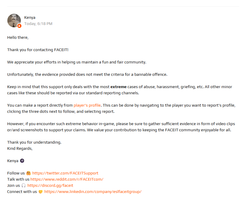 krayLFC's tweet photo. @FACEIT_Darwin last month my friend got a week ban for writing "Free Palestine" via a ticket report sent by a Jewish person. Now we've learned that an Ukrainian casually writing "Volyn" in-game "does not meet the criteria for a bannable offence". How is this any different? https://t.co/kf0cnB4ZpC