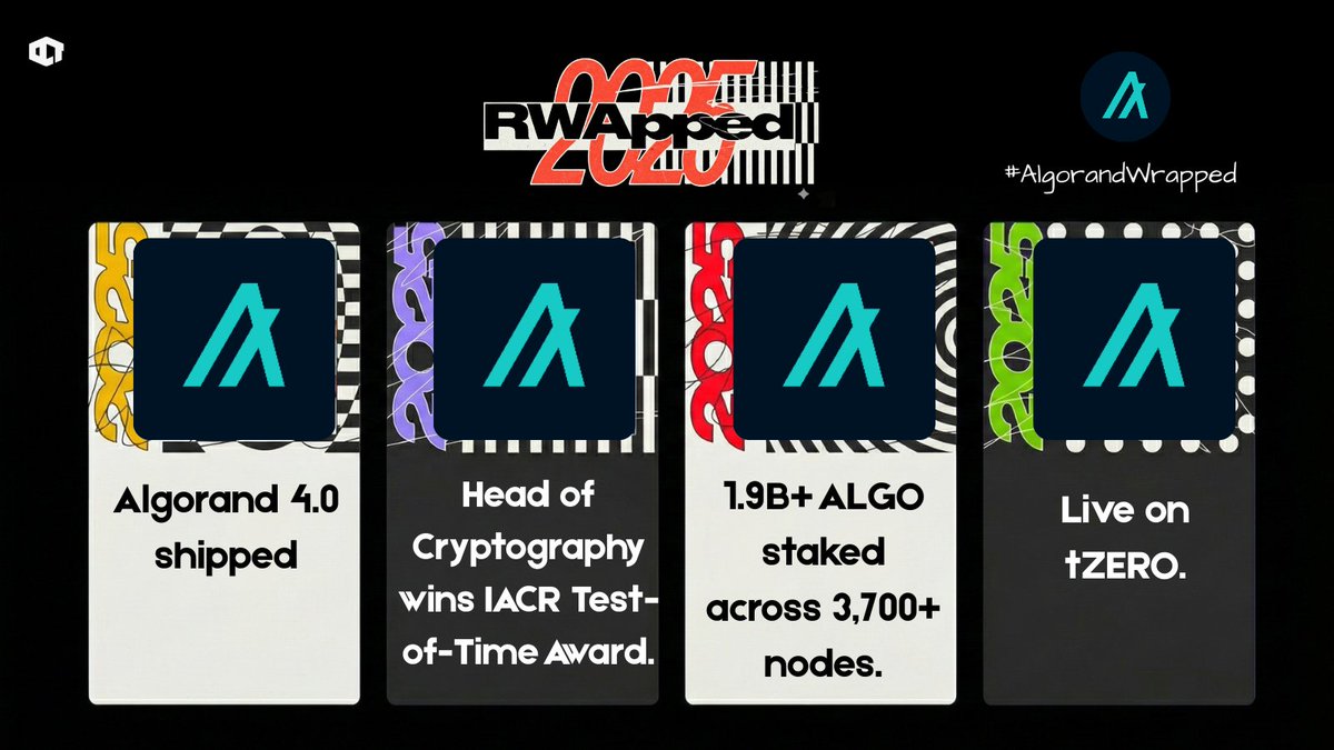 ALGO 2025 Wrapped 👇 ⚪ Algorand 4.0 shipped > Consensus incentives live. >  Months of deep protocol work delivered. ⚪ Crypto credibility locked in >  Head of Cryptography wins IACR Test-of-Time Award. >
