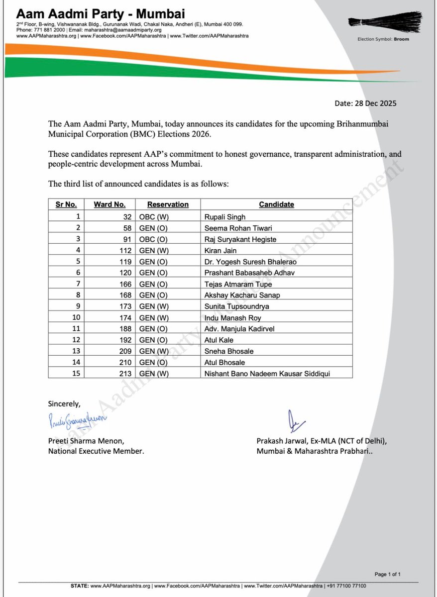 आम आदमी पार्टी द्वारा मुंबई (BMC) चुनाव 2025/2026 के लिए जारी पहली,  दूसरी और तीसरी उम्मीदवार सूची. इसमें कुल 51 प्रत्याशियों के नाम शामिल हैं, जो विभिन्न वार्डों से चुनाव लड़ेंगे.