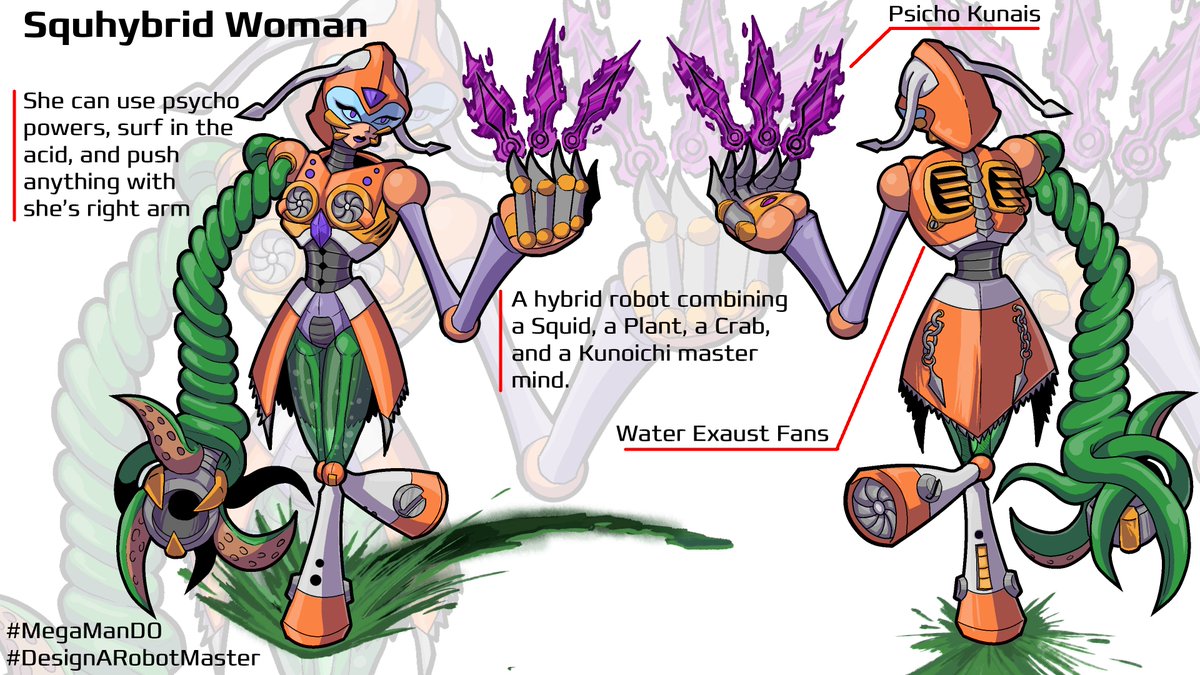 mougangaiphter's tweet photo. @MegaMan @MegaMan
#MegaManDO e #DesignARobotMaster
This is Squhybrid Woman, a robot with many powers. Its base is a Squid, but she has the powers of a plant and a crab, as well as the psychic mind of a supernatural kunoichi.

Not A.I. proof - https://t.co/iqFHfeS3lP https://t.co/I1GNuZg4RH