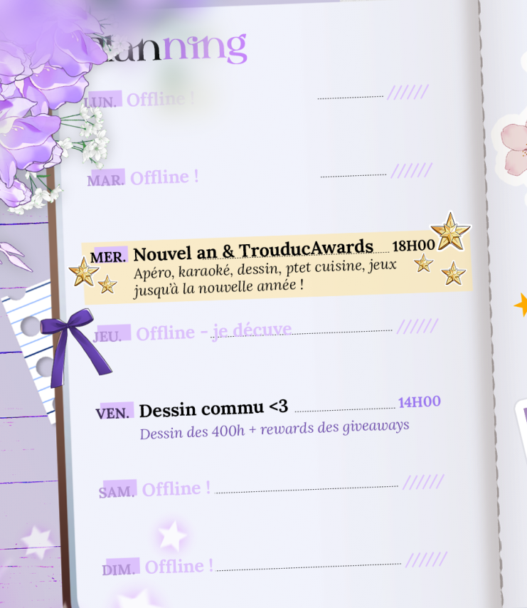 Rdv pr le dernier stream de l'année mercredi hihihi

La prog de la soirée est aussi bordélique mais de sûr :
🎀 Trouducs Awards
🎀 Tier List "De droite ou de Gauche" des pokémon
🎀 Karaoké de minuit

-ptet des collabs, et trucs improvisés mais je sais pas orga en avance ok-