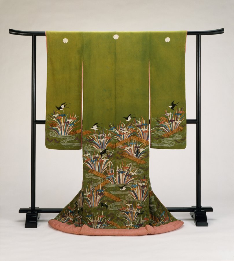Woman’s Outer Kimono (Uchikake) with Plank Bridges, Irises, and Swallows, late 18th century-early 19th century