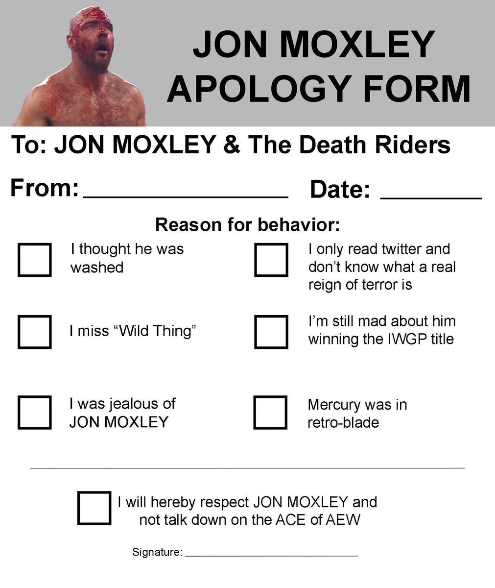 OakTreesMan's tweet image. Apologize right now.

Jon Moxley. Best of the Shield. Champion of the world. Ace of the Universe. Death Rider. One True King.