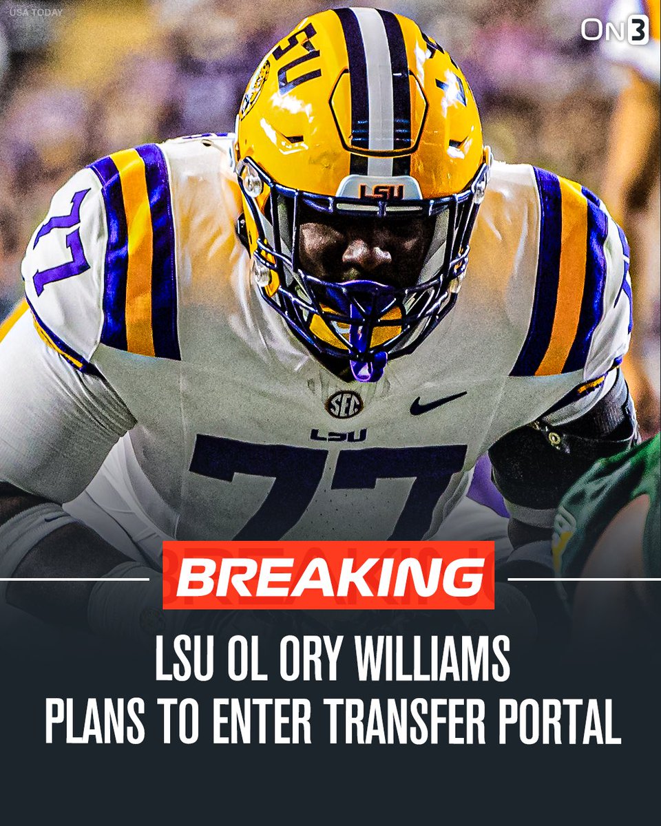 TransferPortal's tweet image. NEW: LSU OL Ory Williams plans to enter the NCAA transfer portal. 

Williams started two games this season. 

on3.com/college/lsu-ti…