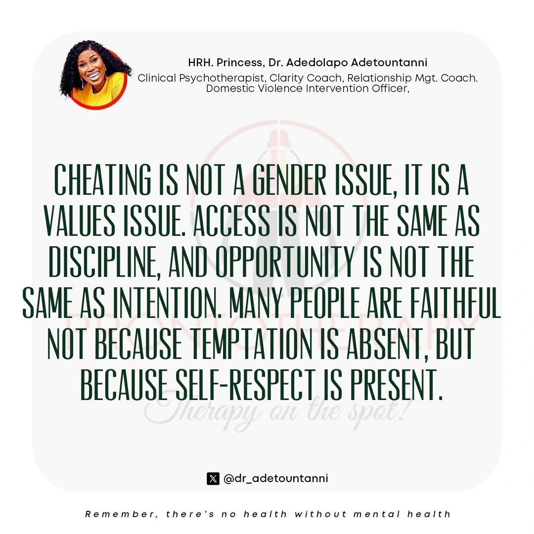 dr_adetountanni's tweet photo. Faithfulness is not accidental it is deliberate.
And that level of intention will always be rare, powerful, and deeply admirable. The choice still lies in your hands
#CheatingIsNeverAMistake
#CheatingIsAChoice https://t.co/rNPaD6F5Io