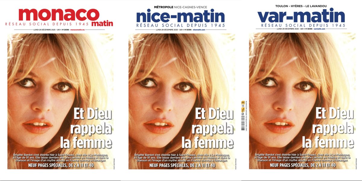 Neuf pages spéciales à retrouver demain dans les huit éditions de <a href="/Var_Matin/">Var-matin</a>, <a href="/Nice_Matin/">Nice-Matin</a> et <a href="/Monaco_Matin/">Monaco_Matin</a>, dont la sienne, celle de #SaintTropez

#BrigitteBardot #BB