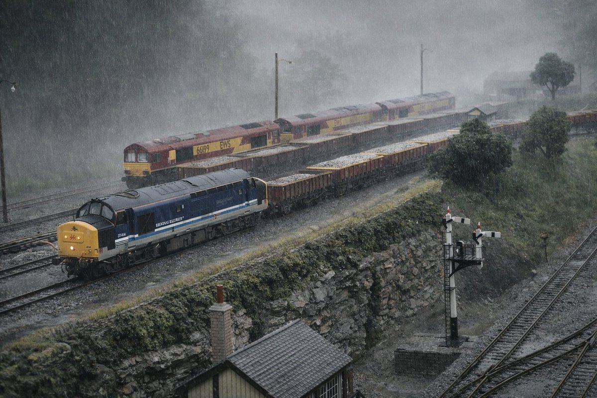 EWS 37414 makes its way up to Westbury passing stabled Class 66s.....