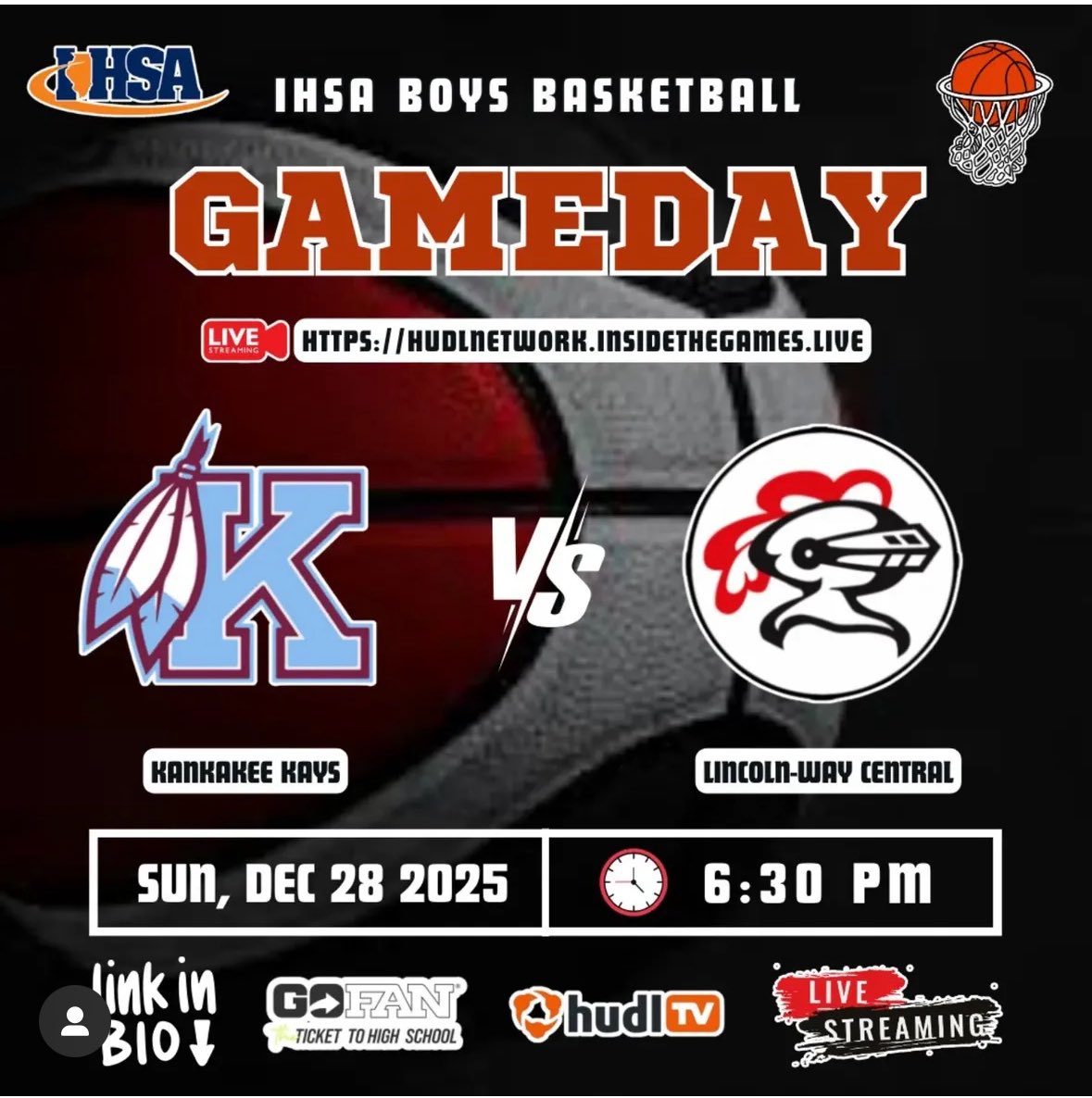 LWCBBALL's tweet image. LWC (10-2) vs Kankakee HS (9-1) to claim the Champion of 75th Kankakee Christmas Tournament! 

📅: 12/28/25 - Today

🕰️:   6:30pm

📍: Kankakee HS

🆚: Kankakee HS (Chicago)

Go Knights!! 🔴⚫️

@LWCKnights @suntimes_preps @SouthtownSports @michaelsobrien