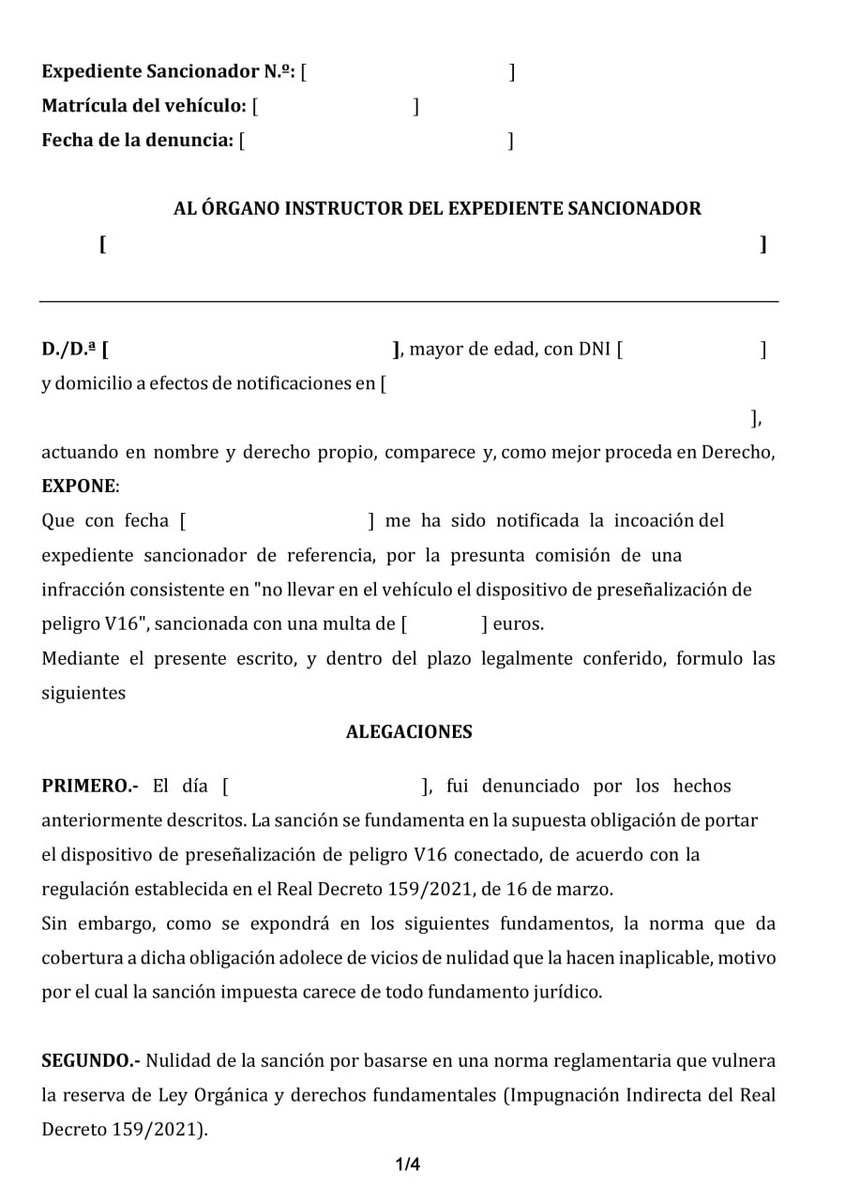 1/4 A raíz de la petición de varios seguidores, volvemos a compartir el ESCRITO DE ALEGACIONES contra la multa de la baliza V16 sin marca de agua.
