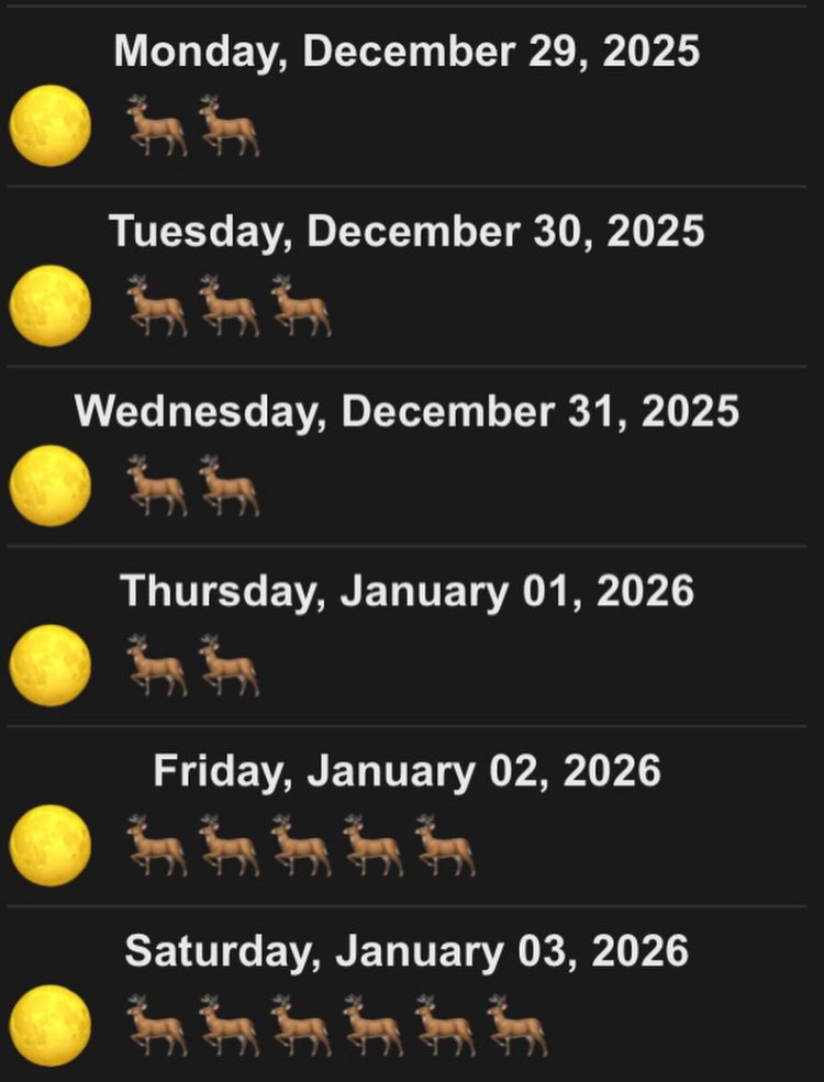 Your Deer Movement Moon Prediction for the Week 

 🌕 🦌🦌🦌🦌🦌🦌

For a more in-depth weather based prediction visit deermove.com

For a moon based prediction visit moon.deermove.com