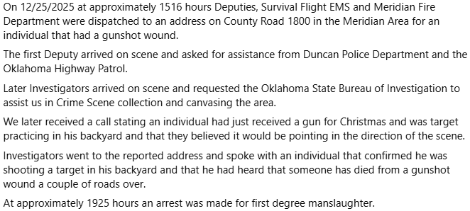 Breaking911's tweet image. Elderly woman holding baby killed on Christmas by stray target practice bullet, Okla. police say