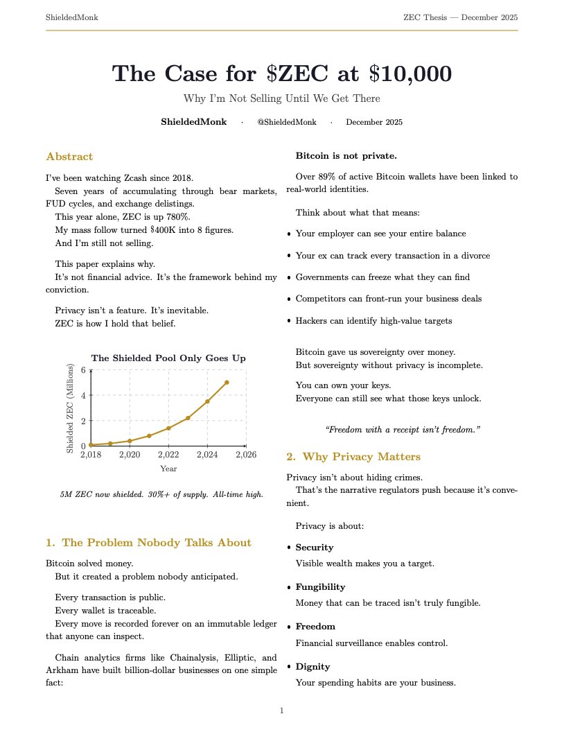 ShieldedMonk's tweet image. Why I'm not selling Zcash until $10,000.

7 years accumulating $ZEC. Near 8 figures. Still not selling.

I finally wrote the thesis.

[PDF attached]

🛡️
