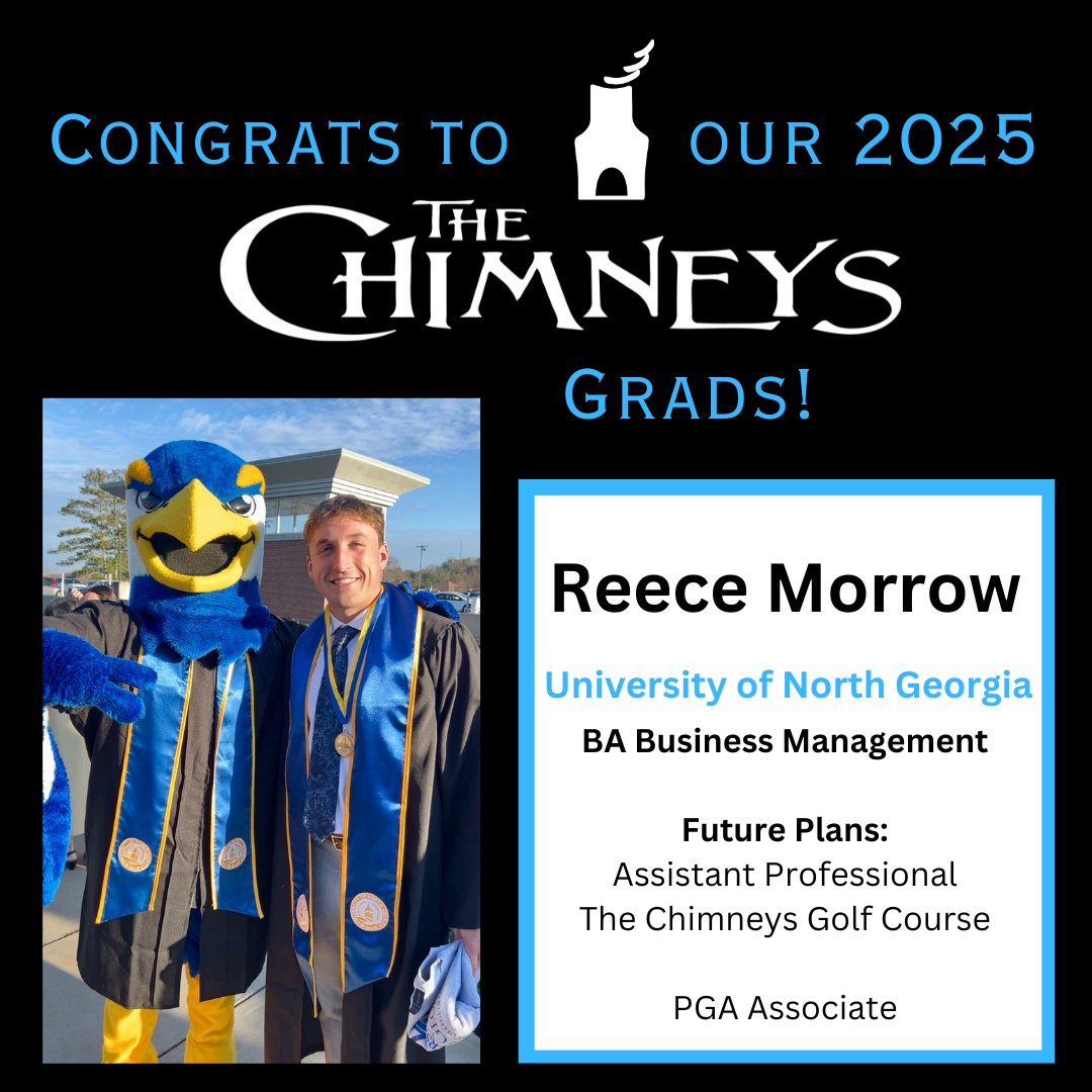 ChimneysGolf's tweet photo. Never too late to brag on our grads!🍾👨‍🎓Congratulations to Reece Morrow and Stone McCarty, our two fall graduates from @uofnorthgeorgia. 🎉We're proud of both of you! We're also excited that Reece has decided to pursue PGA membership and will still be working at the Chimneys!⛳🏌 https://t.co/touCz6LB33