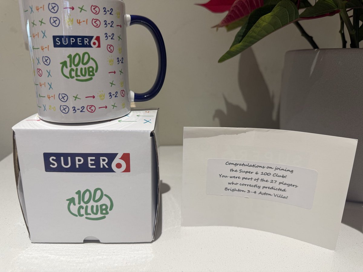 davidbernard419's tweet photo. Great little prize won just before Christmas, joining the super6 PL100club #super6 #100club. I predicted the Brighton villa score 3-4 "as well as 26 other people" and received £200 and a cup! https://t.co/6eyI0lYV7r