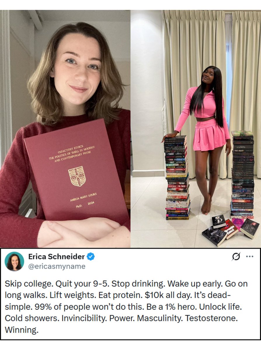 MushtaqBilalPhD's tweet image. A woman reads dense literary theory, writes a thesis on a complex topic, earns a PhD from a top university.

Dude-bros: Useless. Waste of time and money. Burn it all down.

A woman enjoys reading romance novels.

Dude-bros: Useless. Waste of time and money. Burn it all down.