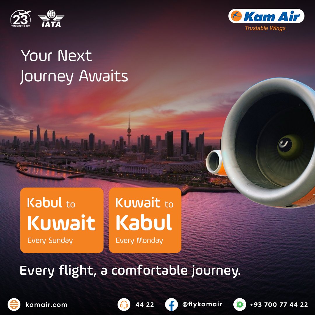 KamairRQ's tweet photo. Seamless Skies, Every Time ✈️
Kabul → Kuwait every Sunday & Kuwait → Kabul every Monday with Kam Air. Enjoy a smooth, comfortable journey and arrive ready for your day—stress-free and relaxed.
#KamAir #KabulKuwaitFlights #WeeklyFlights #FlyWithConfidence https://t.co/fspa4UXDMO