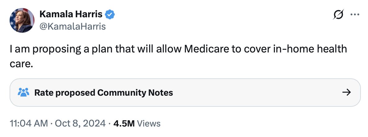 JohnLeFevre's tweet image. It all makes sense now...

In October 2024, Kamala posted 11 times about expanding Medicare/Medicaid coverage for home healthcare.
