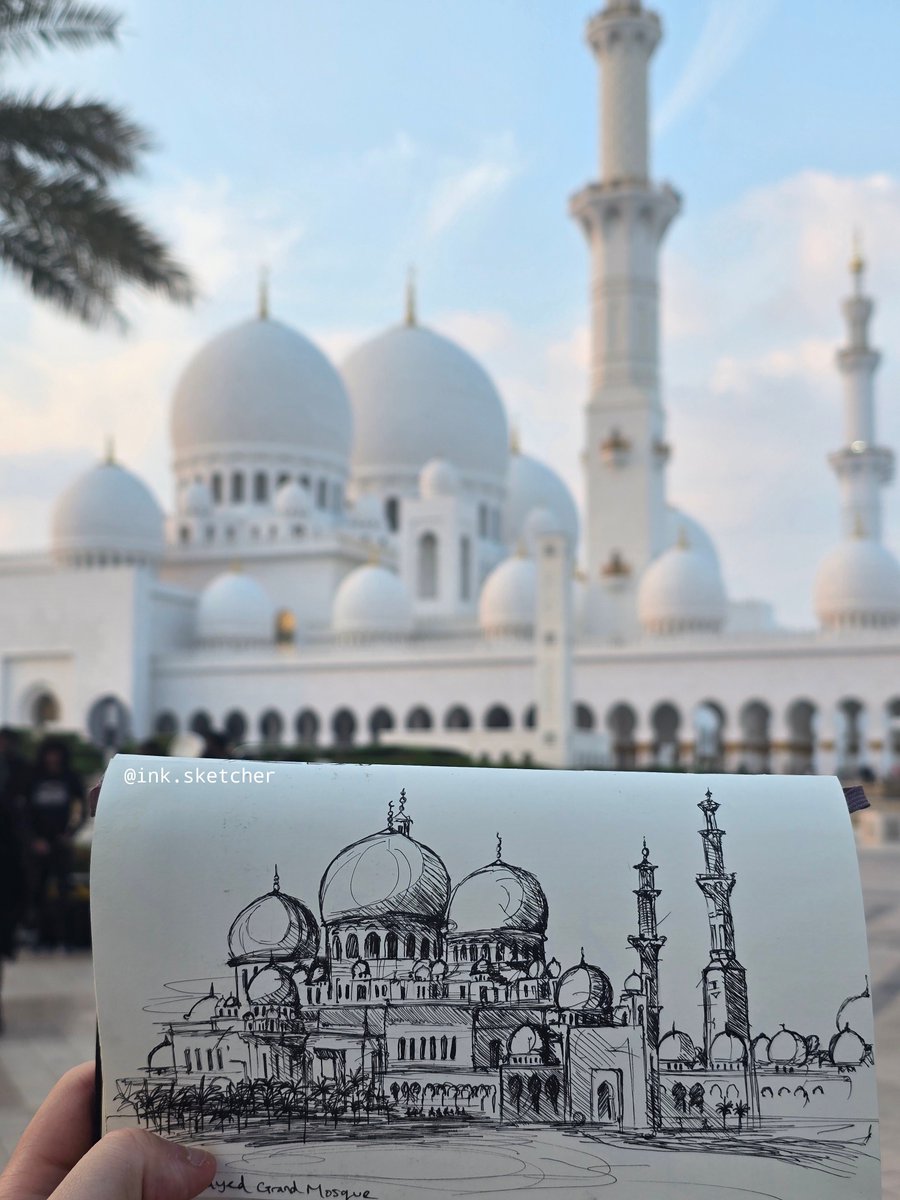 InkSketcher's tweet photo. Sketch and Moments at one of the world's most beautiful mosques - Sheikh Zayed Grand Mosque, Abu Dhabi. Islamic Architecture at its best 
.
#AbuDhabi #sheikhzayedgrandmosque #architecture #travel #sketch #islamicarchitecture https://t.co/A8OzU6PGhL