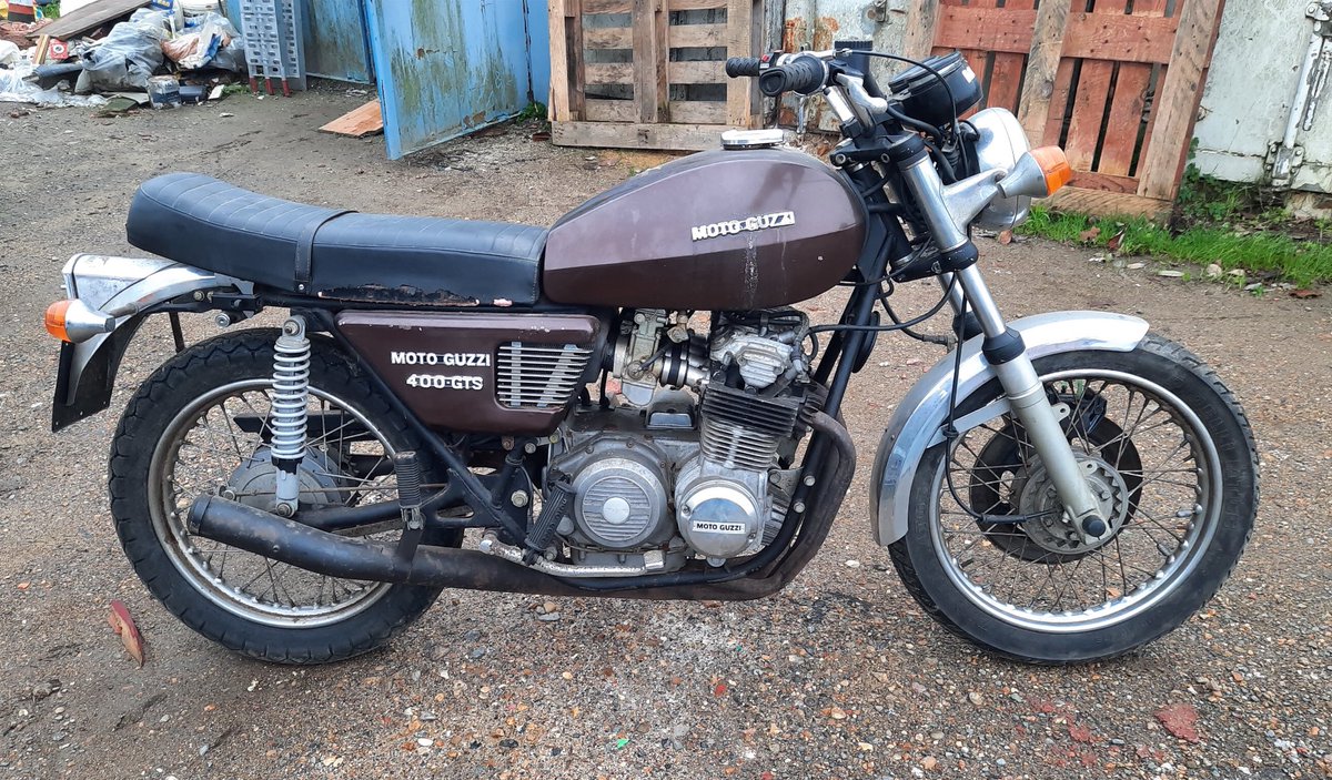 Dragged out of a shed.
1974 Moto Guzzi 400 GTS.
Rare to see.
From a West London Collection.
In our 12th March classic bike auction.