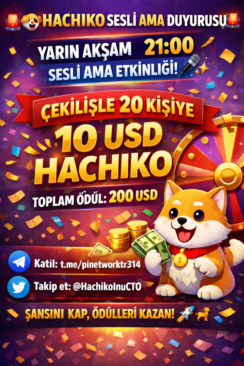 🚨🐶 <a href="/HachikoInuCTO/">Hachiko</a> SESLİ AMA DUYURUSU! 🐶🚨
Yarın akşam 21:00’da Telegram’da sesli AMA etkinliğimiz başlıyor! 🎤✨
🎁 Ödül Zamanı:
💵 Etkinliğe katılanlar arasında çekilişle 20 kişi, kişi başı 10 USD HACHIKO kazanacak!
💰 Toplam ödül: 200 USD
✅ Katılım Şartları:
1️⃣ Telegram