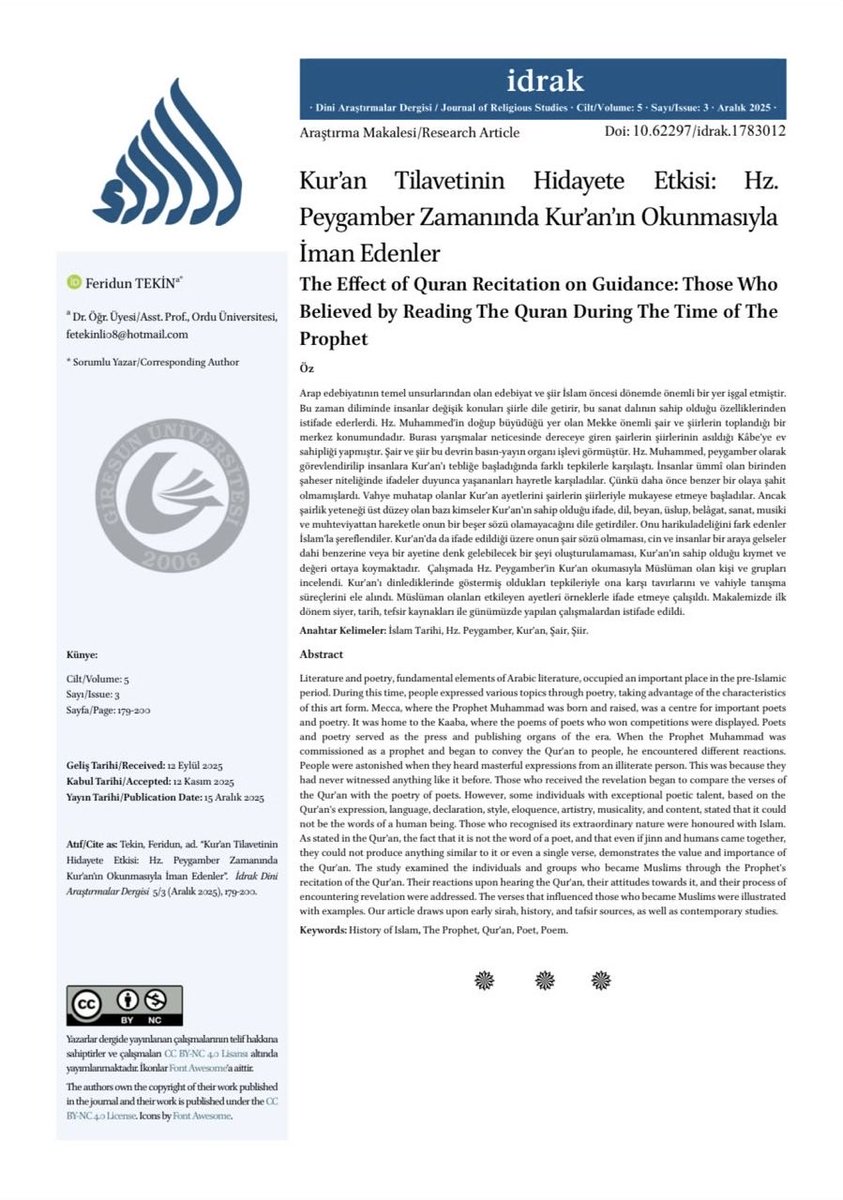 Sözün sultanı şairler, Ümmî bir Peygamber'in okuduğu ayetler karşısında ne hissetti? ✍🏻📖
Vahyin belagatı, üslubu ve tesiriyle gerçekleşen Müslüman olma süreçlerini ve bu dönüşüme vesile olan ayetleri incelediğimiz çalışmamızı okumak için: dergipark.org.tr/tr/pub/idrak/a…