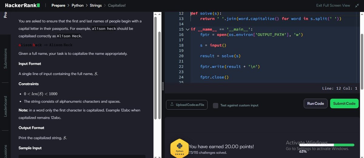 MRout75802's tweet photo. Day 98/100 ✅
💡 Challenge: Capitalize
🔹 Learned how to properly capitalize first + last names
🔹 Handled spaces and edge cases correctly
🔹 Built a clean function using string manipulation
#100DaysOfCode #Python #HackerRank #Strings #ProblemSolving #Zigbee https://t.co/zVVXKkLwt0
