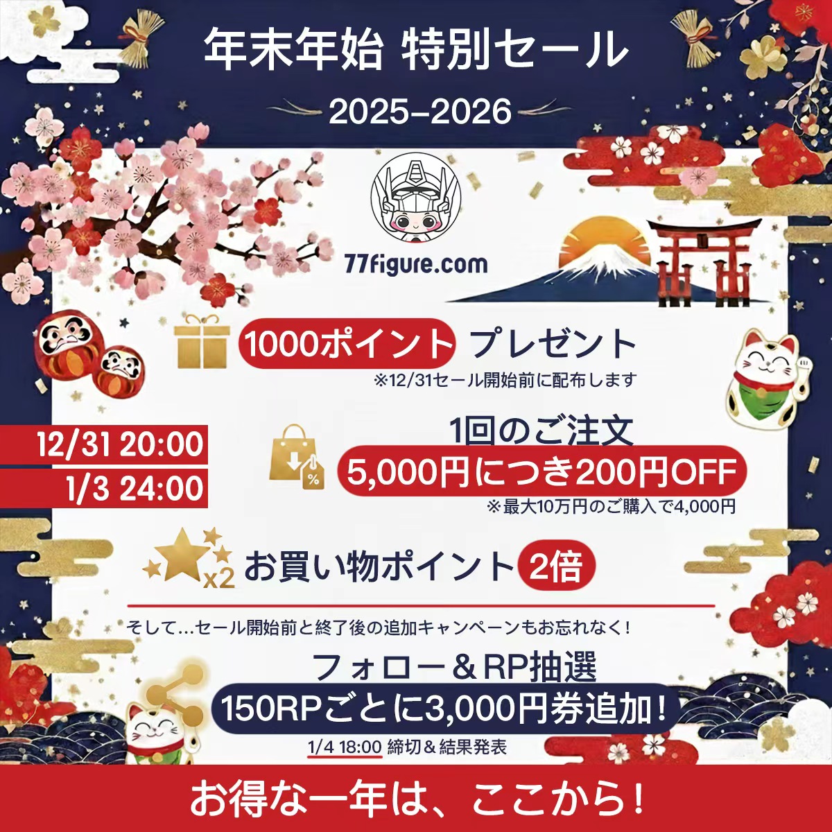 【2026新年特別SALE！🎉】
77figureから新年の贈り物✨

📅12/31 20:00 ～ 1/3 24:00
🎁1000ポイント(12/31配布) 
🛍️5,000円毎に200円OFF 
✨ポイント2倍

🔥さらに！150RP毎に「3000円券」1枚追加！ 【フォロー＆この投稿をRP】で応募完了！
締切：1/4 18:00 

お得な一年はここから！👇

#77figure