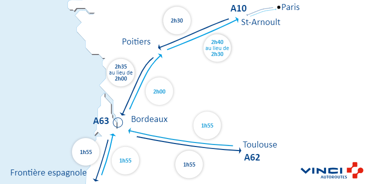 #VINCIAutoroutes vous informe sur vos conditions de circulation, pour #BienVoyager. #Infotrafic à 17h00 ⏱️ Vos temps de parcours sur <a href="/A10Trafic/">Autoroute A10</a>, <a href="/A62Trafic/">Autoroute A62</a> et <a href="/A63Trafic/">Autoroute A63</a>. #A62