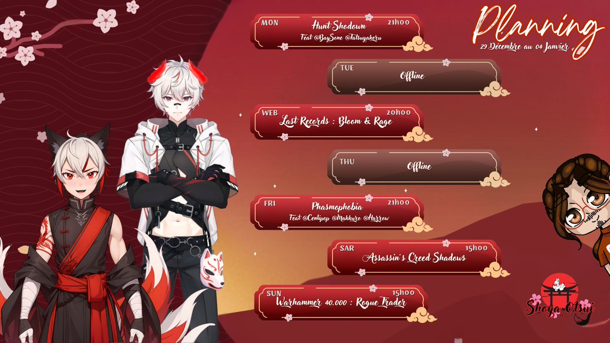 Voici le planning pour la semaine prochaine ! On aura 2 belles collabs au programme de cette semaine avec <a href="/BaysoneVT/">Baysone</a> <a href="/tatsuyakeru/">Tatsuyakeru</a> <a href="/Cenlipop_VT/">Cenlipop_VT</a> <a href="/MakkuroMae/">Makkuro Mae</a> et Harrow !

twitch.tv/shoya_otsui

#VtuberFR #Vtubers #twitch #twitchstreamer