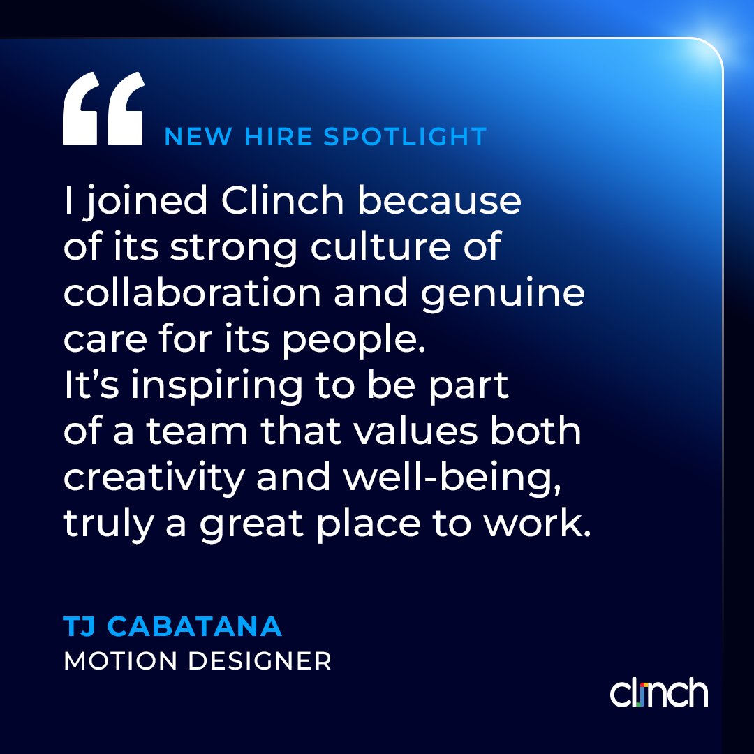 We’re excited to welcome TJ Cabatana to the Clinch team! 🎉

TJ has joined our Creative team as a Motion Designer. With a strong background in crafting high-quality digital marketing assets and engaging motion graphics, TJ brings a proven ability to deliver exceptional work.