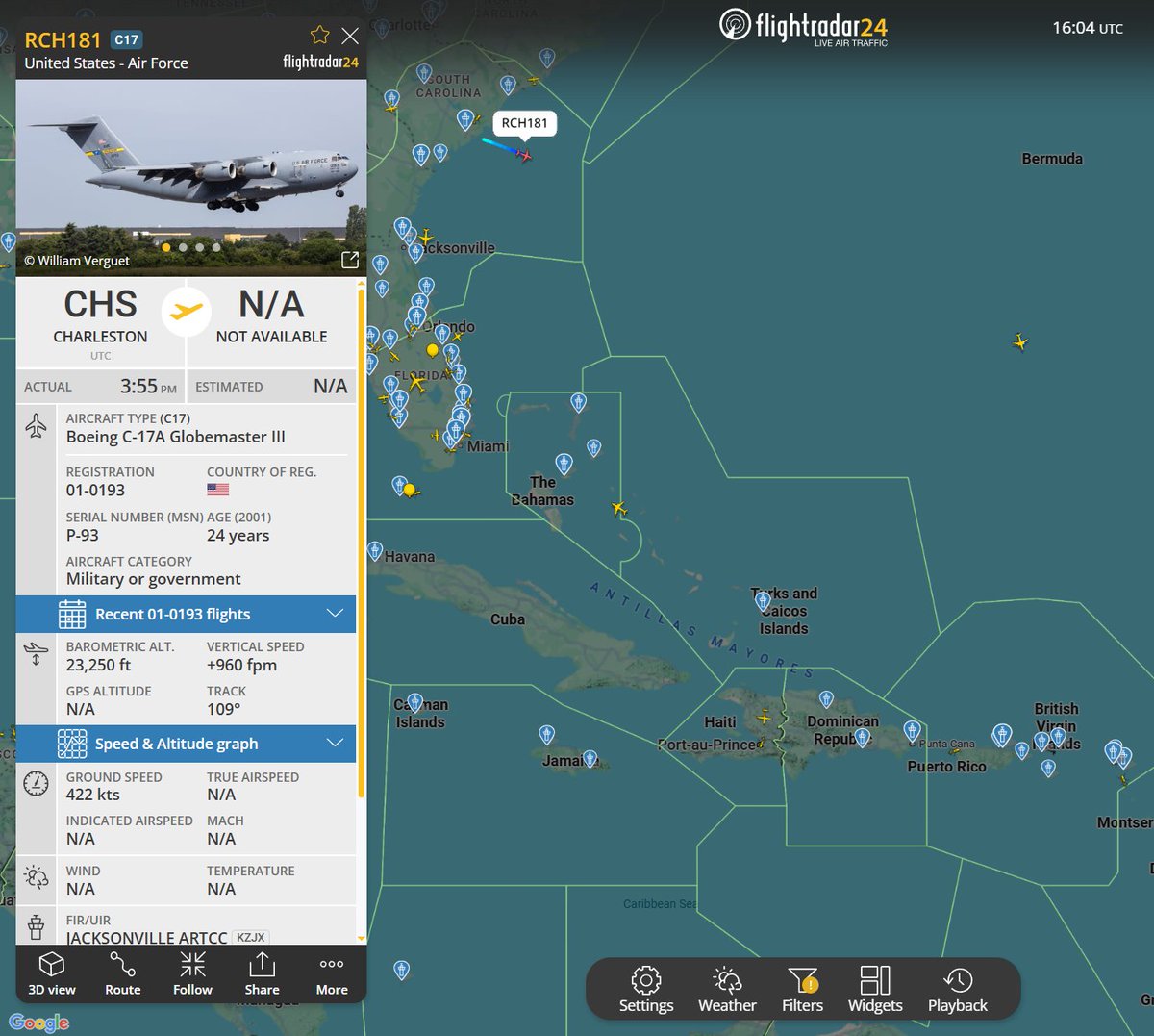 Flightwatcher1's tweet photo. #USAF C-17A Globemaster III
Código de llamada: REACH181
Matrícula: 01-0193
Hex: #ae10bc
Desde Charleston AFB🇺🇸 hasta Ceiba🇵🇷
#PuertoRico #SOUTHCOM #southernspear https://t.co/FTSBEOH8wR
