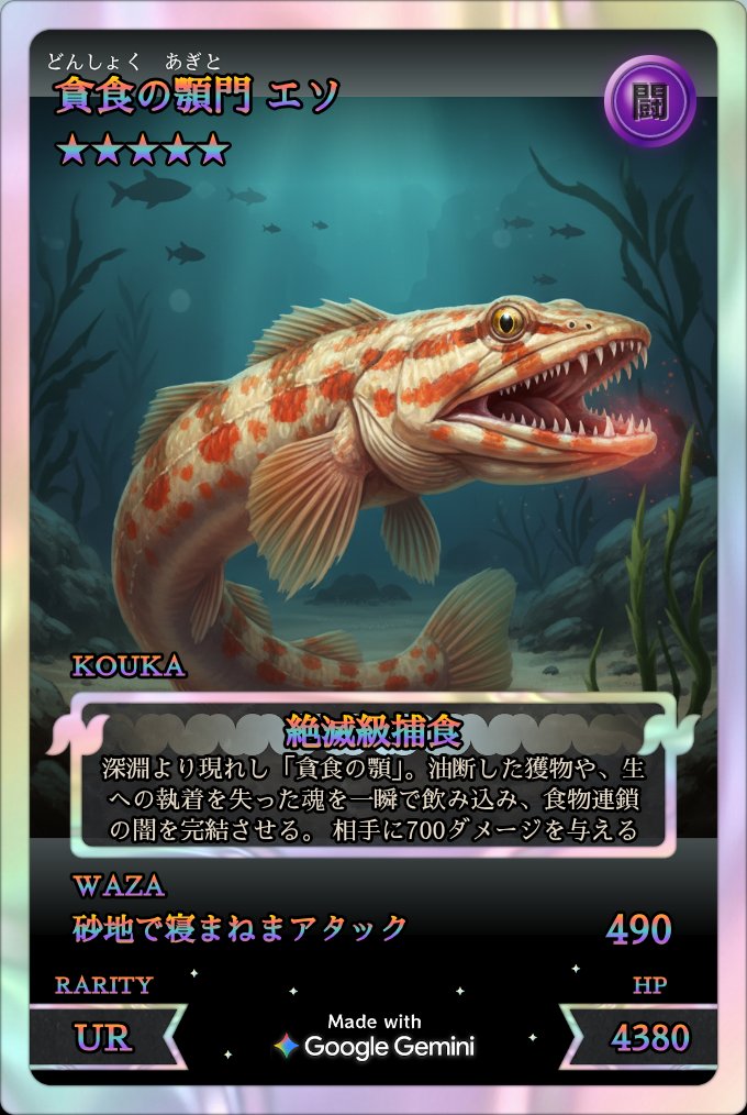 DocodeFe's tweet image. やっとエソのUR作れた笑
ペットカードジェネレーターおもろいやん！！
魚で作るの難しいから写真たくさん必要ですよー！
 #ペットカードジェネレーター