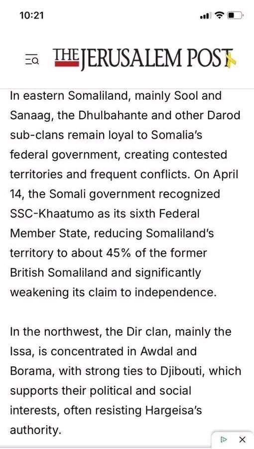 EIshmael_'s tweet photo. Secessionist one clan enclave is getting slowly exposed! The Jerusalem Post seems to be paying close attention to Somalia and actually doing its homework. Unfortunately for them, the areas in question are firmly unionist regions with a deep commitment to Somali unity. Still, credit where it’s due for at least acknowledging and writing about it. Bypassing these regions won’t be simple at all the strongest and most entrenched unionist tribes are there, politically aware, socially rooted, and not easily swayed or pressured. Any attempt to go around them will face serious resistance and reality checks on the ground.