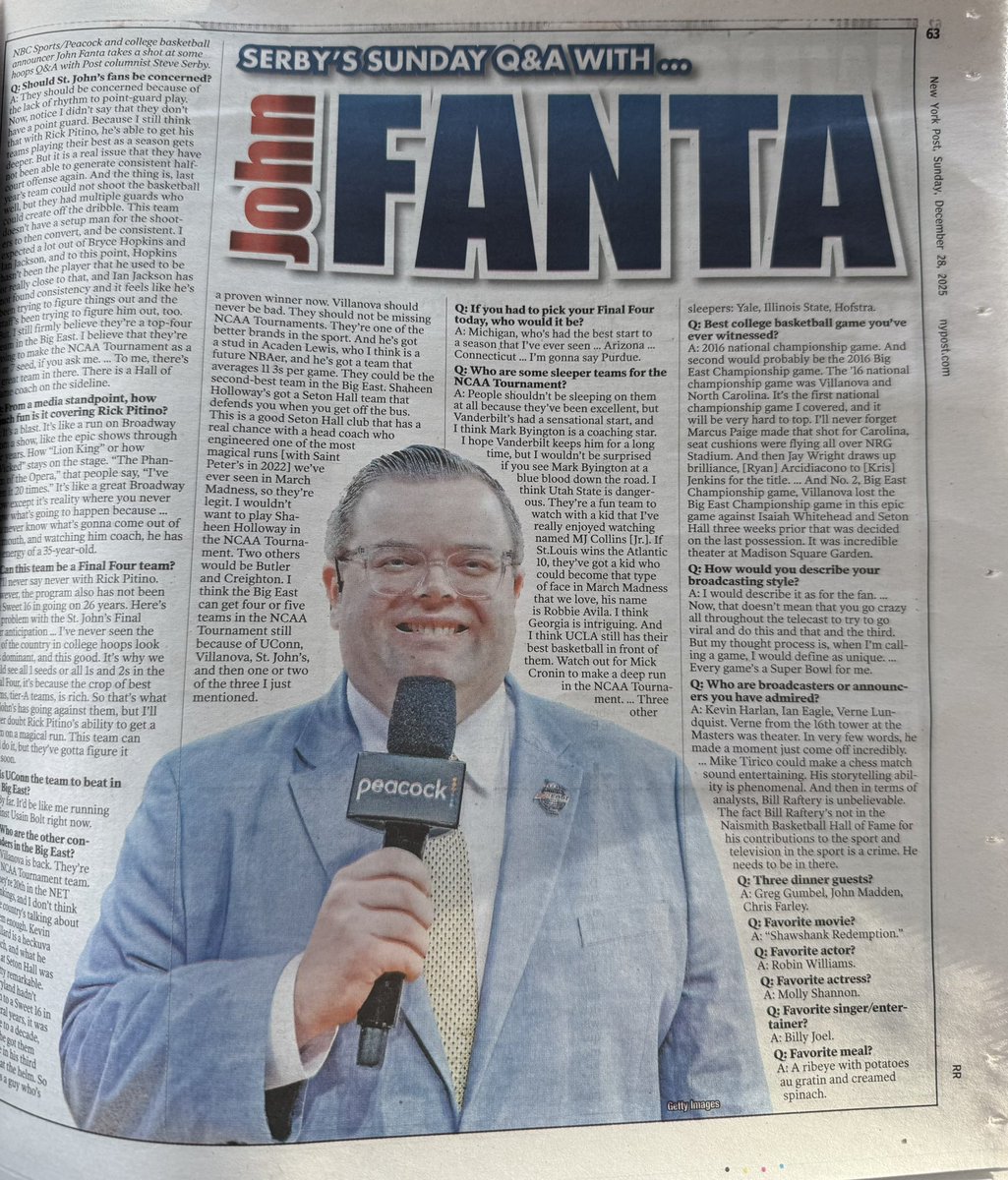 Nobody asks questions like the legend Steve Serby does. It’s an honor to be the final guest of 2025 in his New York Post Sunday Q&amp;A. 

Talked some basketball, football, movies, family and more. Our conversation: nypost.com/2025/12/27/spo…