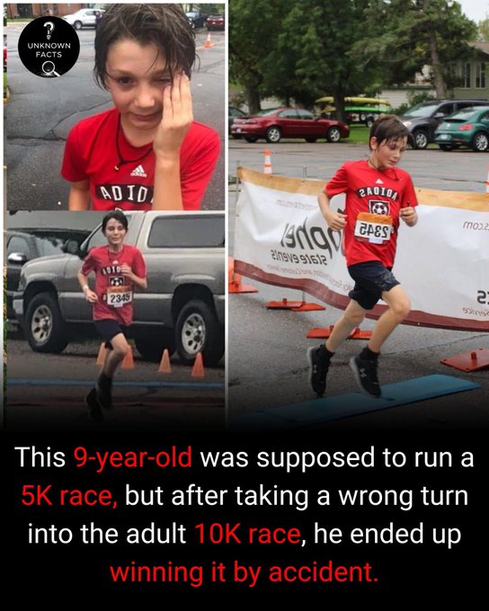 Rainmaker1973's tweet image. 9-year-old Kade Lovell was registered for the 5K but was misdirected by a volunteer and ended up on the 10K course instead.

He finished the full 10K (6.2 miles) in about 48 minutes and 17 seconds, crossing the line first overall and beating the second-place adult runner (a…